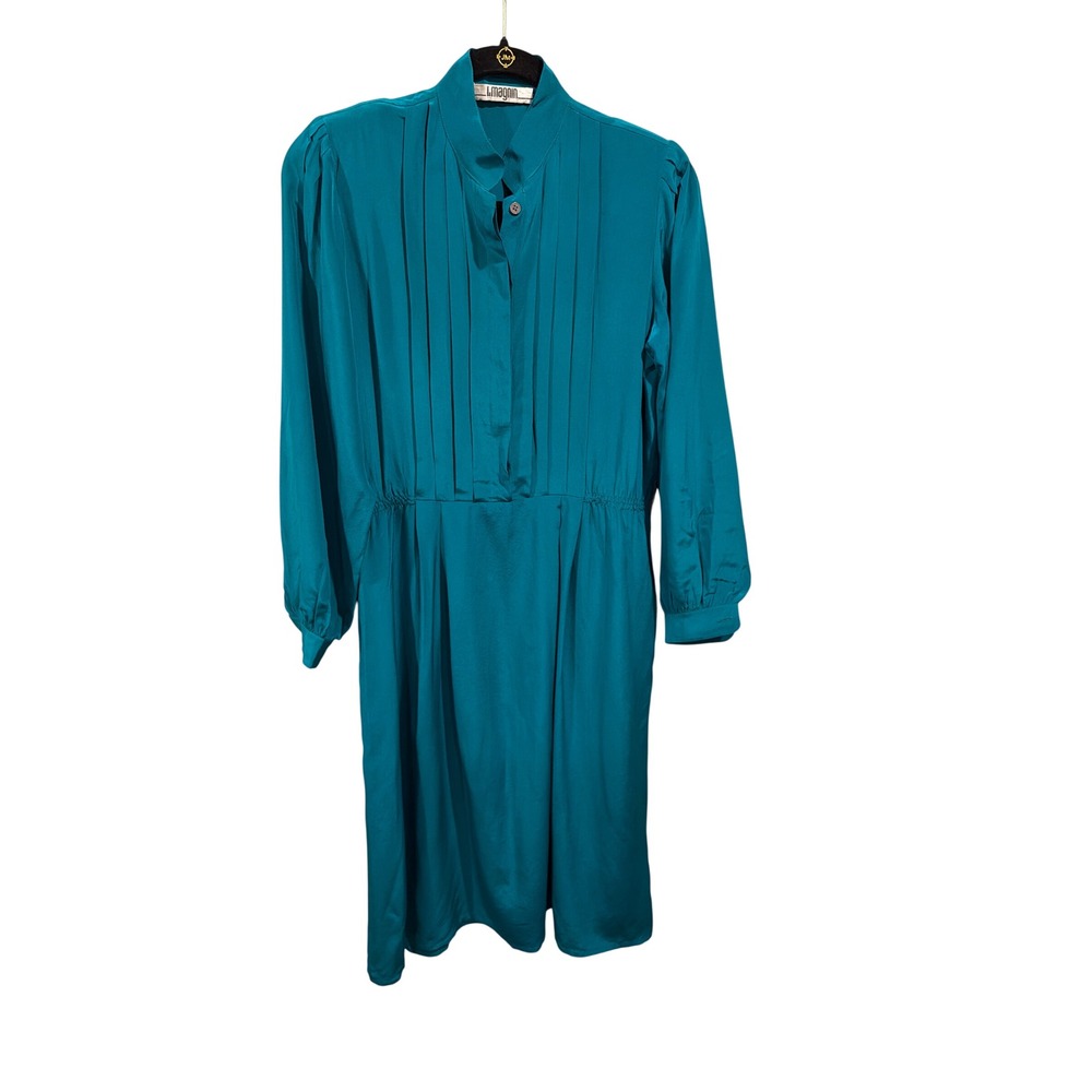 I. Magnin Dress Teal Blue 100% Silk Pleated Long Sleeve Elastic Waist Vintage 8